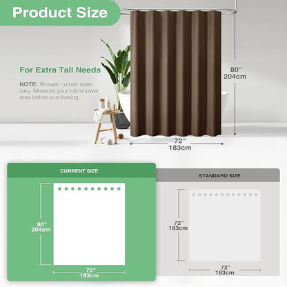 Long Waffle Shower Curtain 256 GSM Heavy Fabric 72x80 Brown | 80 Inch Long, Thick Cloth, Weighted Hem, Water Repellent, Hotel Luxury Polyester Shower Curtain Set for Bathroom 12 Hooks