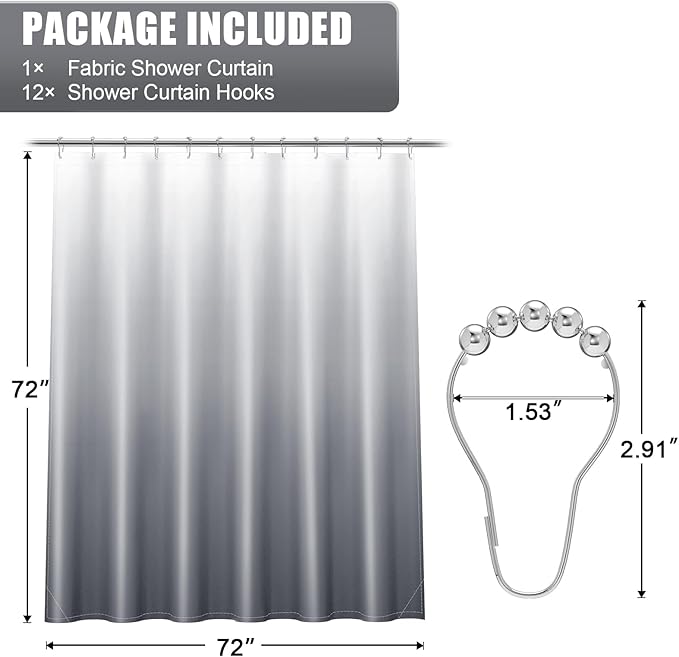 OLANLY Luxury Grey and White Ombre Shower Curtain Sets with 12 Hooks, Waterproof and Washable Decorative Shower Curtains for Bathroom, 72x72 Inches