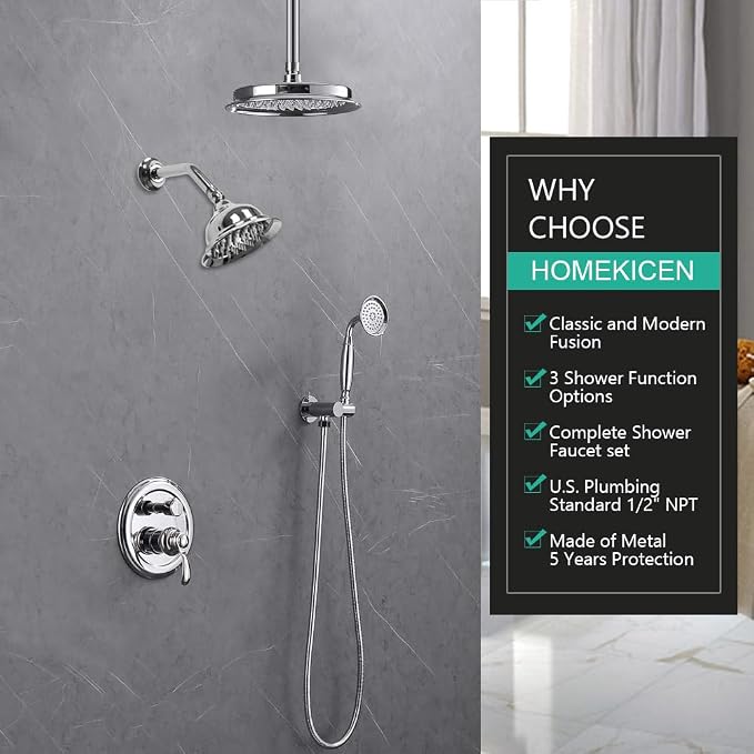 Dual Rain Shower Head System with Handheld Antique Faucet Set | Chrome Finish, Multi-layer Plating, Vintage Rainfall, 3 Way Diverter Brass Valve with Trim Kit, Easy Install