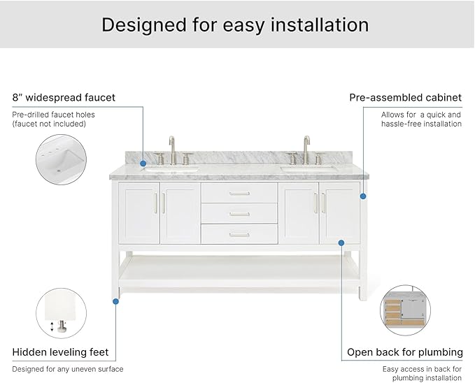 ARIEL Magnolia 72-inch Bathroom Vanity with Sink,Solid Wood, 1.5-inch Italian Carrara Marble Countertop, Double Rectangular Porcelain Sink, 4 Soft Closing Doors, 3 Dovetail Drawers, White