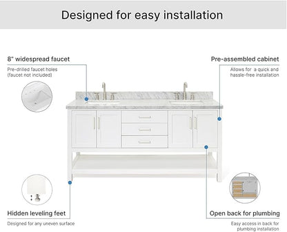 ARIEL Magnolia 72-inch Bathroom Vanity with Sink,Solid Wood, 1.5-inch Italian Carrara Marble Countertop, Double Rectangular Porcelain Sink, 4 Soft Closing Doors, 3 Dovetail Drawers, White