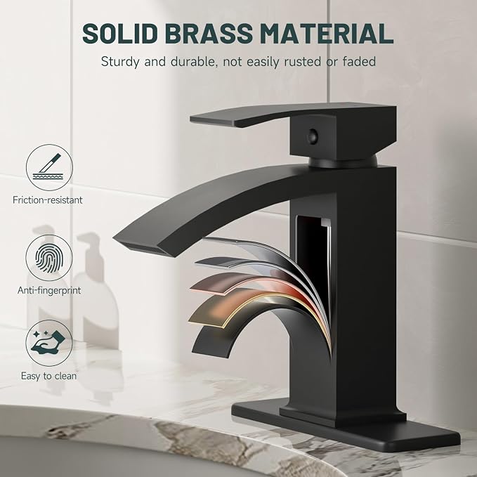 Matte Black Waterfall Bathroom Faucets for 1 or 3 Holes, Brass | Single Handle Bathroom Sink Faucet for Lavatory Commercial Vanity, Basin Taps with Deck Plate, Pop Up Drain and Supply Line
