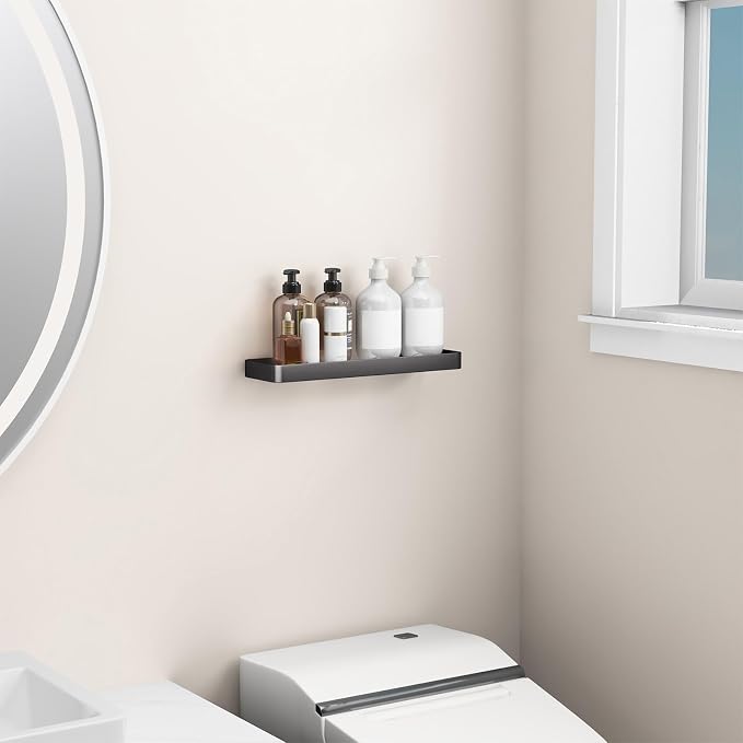 16-Inch Wall Shelf, Clear Tempered Glass with Matte Black Aluminum Frame – Sleek Floating Bathroom Organizer