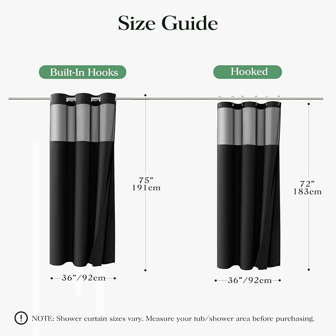 Black Hook Free Waffle Shower Curtain & Snap-in Fabric Liner,36x75 | Less Time to install, 3 in 1 Fabric Shower Curtain and Liner Set with Magnets, Stall, Shower Curtains for Bathroom