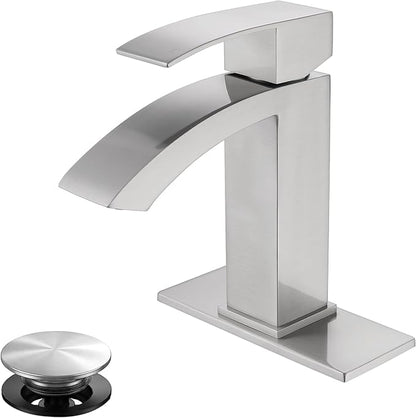 Brushed Nickel Bathroom Faucet Single Handle, Waterfall Faucet for Bathroom Sink Single Hole with cUPC Supply Hose and Pop Up Drain
