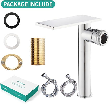 becola Modern Chrome Bathroom Faucet，Tall Waterfall Faucet for Bathroom Sink，Single Hole Cold and Hot Basin Mixer Tap，Single Handle Vanity Faucet with Adjust Knobs and Two Supply Lines