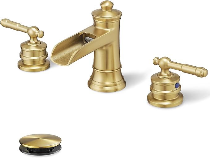 Gold Bathroom Faucet Waterfall, Brass 4-16 Inch Bathroom Faucets 3 Hole, Widespread 2 Handles with Pre-installed Water Hose & Pop-Up Drain for Vintage Vanity Washroom, 10 Mins Quick Installation