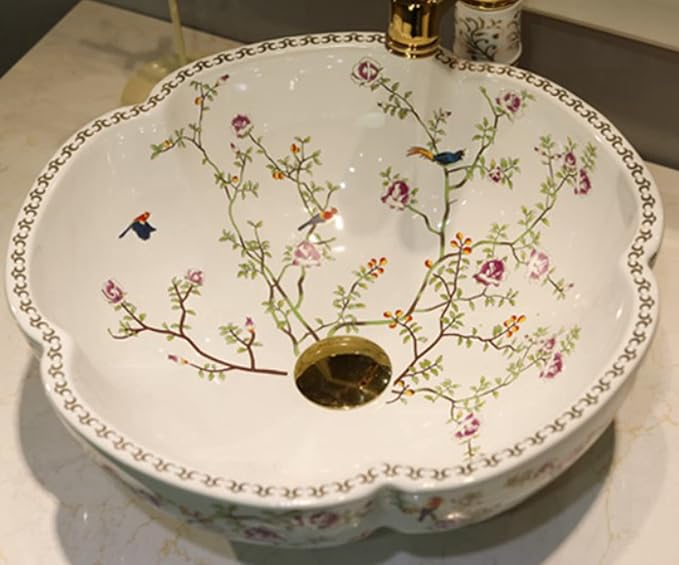 White Bathroom Vessel Sink for Vanity Top Sinks with Flower Bird Pattern|1 Aboe Counter Sink Only,H15cmxD41.5cmxBottom D.22cm