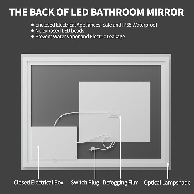 Koonmi 40x30 LED Bathroom Mirror, Shatterproof Mirror with Light | 90CRI Vanity Mirror with Anti-fog Backlit + Front Lit, 3 Color, Easy Install for Bathroom Hotel (IP65)