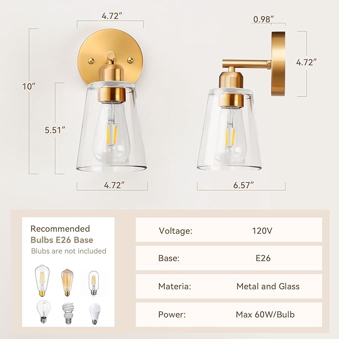 TALOYA 4 Inch Brushed Gold Bathroom Light Fixtures with Thickend Clear Tapered Glass Shade, Set of 2 Modern Vanity Light for Bathrooms, Bedrooms (Bulbs Not Included)