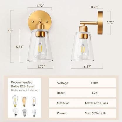 TALOYA 4 Inch Brushed Gold Bathroom Light Fixtures with Thickend Clear Tapered Glass Shade, Set of 2 Modern Vanity Light for Bathrooms, Bedrooms (Bulbs Not Included)