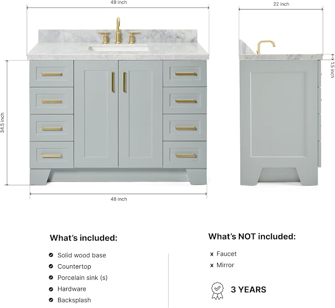 Emilia 48-Inch Bathroom Vanity with Sink — Grey Single Sink Bathroom Vanity, 1.5" Edge Italian Carrara Marble Top, Solid Wood, 2 Soft Closing Doors, 9 Dovetail Drawers