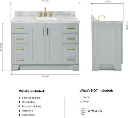 Emilia 48-Inch Bathroom Vanity with Sink — Grey Single Sink Bathroom Vanity, 1.5" Edge Italian Carrara Marble Top, Solid Wood, 2 Soft Closing Doors, 9 Dovetail Drawers