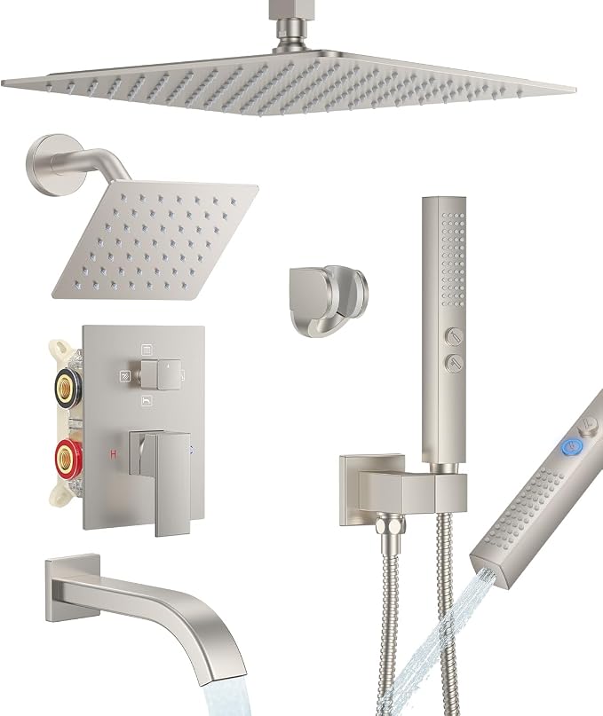 Rain Shower System with Rough-in Valve, Ceiling Mount Shower Faucet Set with 12"&6" Dual Rain Shower Heads, 2-in-1 Handheld Shower, Tub Spout, 4-Function Complete Shower Fixture,Brushed Nickel