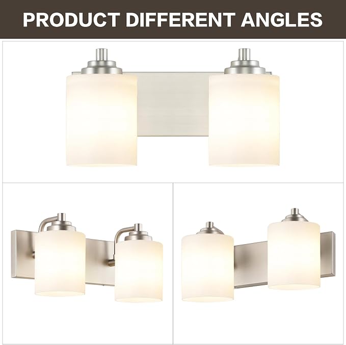 SOLFART Brushed Nickel 2 Light Vanity Lights for Bathroom, Milky Glass Shade Vintage Wall Sconce, Modern Bathroom Light Fixture Over Mirror, Easy to Install High-End Vanity Light (Bulbs Not Included)
