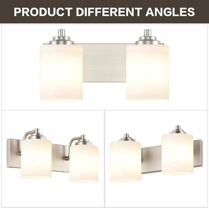SOLFART Brushed Nickel 2 Light Vanity Lights for Bathroom, Milky Glass Shade Vintage Wall Sconce, Modern Bathroom Light Fixture Over Mirror, Easy to Install High-End Vanity Light (Bulbs Not Included)