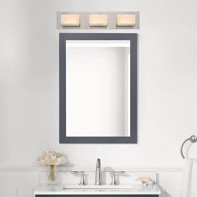 Kira Home Everett 24" Modern Integrated LED 3-Light Bathroom Vanity Light | 30W 3000K Warm White Light, Minimalist Bathroom Wall Sconce with Frosted Acrylic Blocks, Brushed Nickel Finish