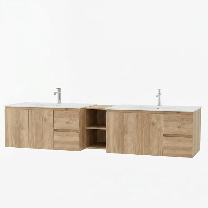 84"Modern Floating Double Sink Bathroom Vanity, Wall Mounted Bathroom Cabinet with U-Shaped Drawers, Beveled Invisible Handles Open Side Shelf, FSC Certified Wood Veneer (Wood color, 84 lnch)