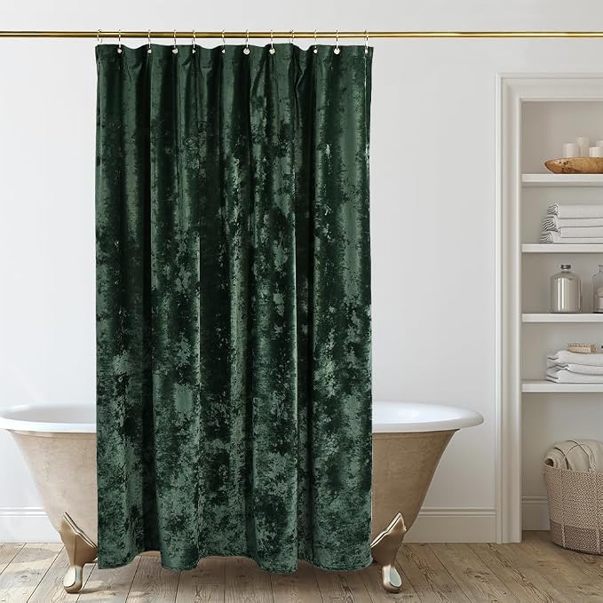 TAMGHO Extra Long Shower Curtain 84 inch Height, Crushed Velvet XL Shower Curtain Set with 12 Gold Hooks, Waterproof Thick Fabric, Machine Washable, 72W x 84H, Dark Green