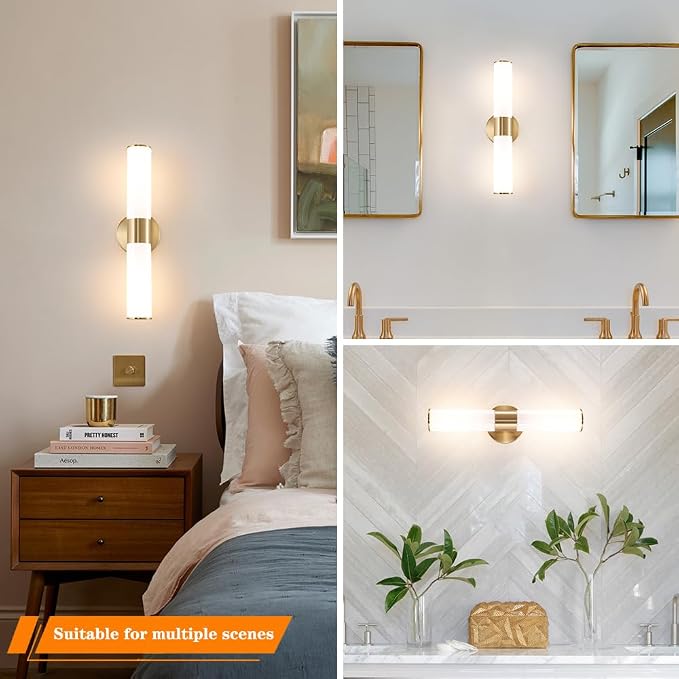 Brushed Gold Wall Sconces Set of 2 (Hardwired Only), Bathroom Vanity Light Fixtures, Modern Mikly White Glass Wall Lights for Mirror 28-40 inch Height, NOT Battery Operated, E26 Base (Without bulb)