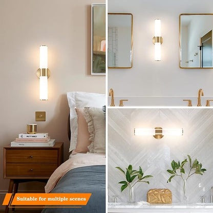 Brushed Gold Wall Sconces Set of 2 (Hardwired Only), Bathroom Vanity Light Fixtures, Modern Mikly White Glass Wall Lights for Mirror 28-40 inch Height, NOT Battery Operated, E26 Base (Without bulb)