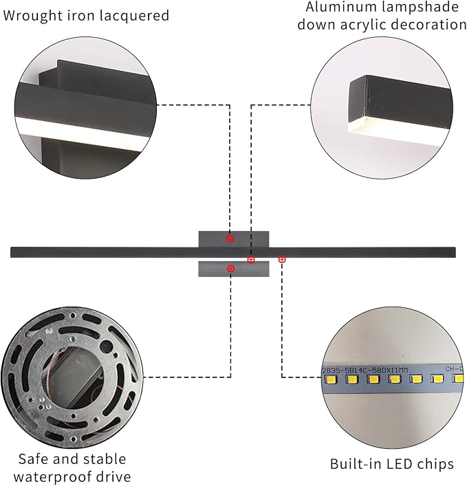 Joossnwell LED Vanity Light Black 47.2inch Modern Bathroom Lighting Fixtures Over Mirror Aluminum Wall Lights 30W 6000K
