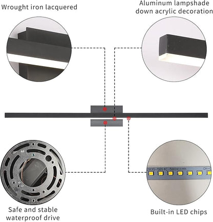 Joossnwell LED Vanity Light Black 47.2inch Modern Bathroom Lighting Fixtures Over Mirror Aluminum Wall Lights 30W 6000K