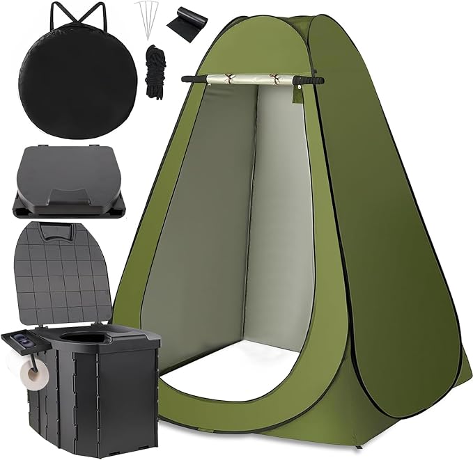Portable Toilet Kit, Larger Size Portable Camping Toilet with Pop-Up Privacy Enlarged Tent and Poo Gel Toilet Bags, Width of 4.93 Feet Tent Washable Outdoor Showers Changing Rooms
