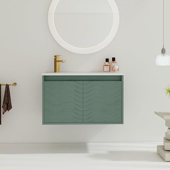 SSLine Modern 30" Floating Bathroom Vanity with Sink Wall Mounted Bathroom Vanity with Top Basin & Storage Cabinet 30-Inch Green Wave Bath Vanity w/Drop-Shaped Resin Sink for Small Space