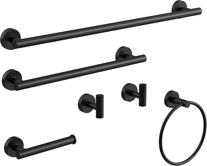 Matte Black Bathroom Hardware Accessories Set 6 Pcs | Round Towel Rack and Toilet Paper Holder Set SUS304 Stainless Steel Towel Bar Set Wall Mounted by HOMEMYSTIQUE