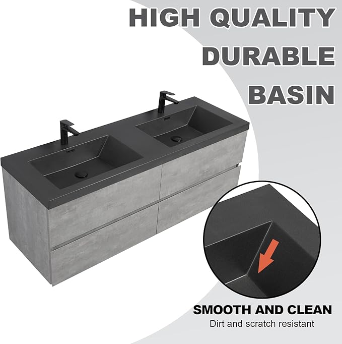 Wall Mounted 60 Inch Bathroom Vanity with Sink, Floating Vanity Bathroom, Double Sink Bathroom Vanity, 2 Drawers, 2 Soft Closing Doors, Resin Integrated Sink (Dark Birch)