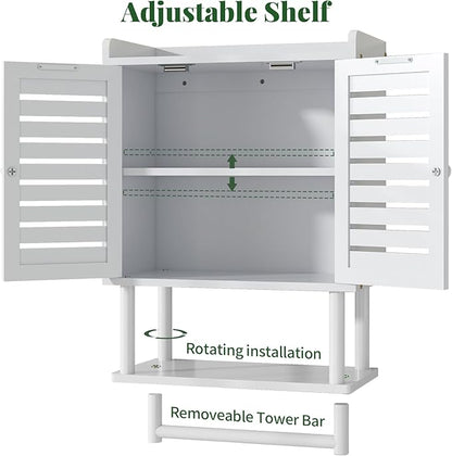 Bathroom Wall Cabinet, Over The Toilet Storage Cabinet with Adjustable Shelves, White Medicine Cabinets with Towel Bar, Bamboo Wall Mounted Hanging Cabinet with 2 Door for Laundry Room, White
