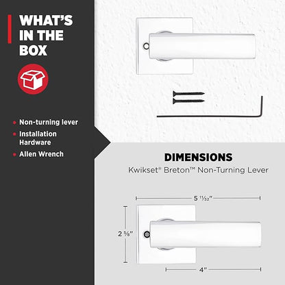 Kwikset Breton Dummy Door Handle, Single Sided Lever for Closets, French Double Doors, and Pantry, Polished Chrome Non-Turning Reversible Interior Push/Pull Lever