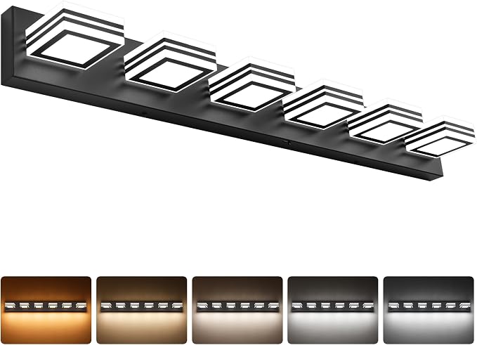 SOLFART Modern Black Vanity Lights Fixtures: 6 Lights Acrylic LED Matte Black Vanity Lights for Bathroom 39inch 5CCT