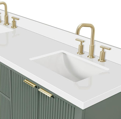 ARIEL Milan 72-inch Bathroom Vanity with Sink,Solid Wood, 1.5-inch Pure White Quartz Countertop, Double Rectangular Porcelain Sink, Soft Closing Doors, Dovetail Drawers, Vintage Green
