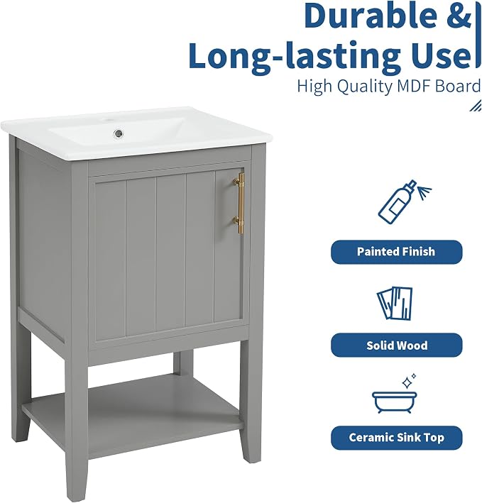 20" Bathroom Vanity Cabinet with Ceramic Sink Top Set, Freestanding, Two-Tier Storage Rack, Soft Closing Door, Grey