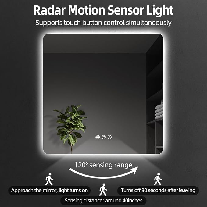 36" x 36" LED Bathroom Mirror with Lights - Motion Sensor | Smart Backlit Mirror Bathroom, Frameless, Auto Sensor, Anti-Fog, Stepless Dimmable 3-Color, Ultra-Clear & Shatter-Proof