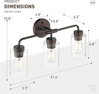 zeyu 22-Inch 3-Light Bathroom Light Fixtures with Clear Glass, ZS62B-3W ORB | Bathroom Lights Fixtures Over Mirror, Clear Glass Shades, 3 E26 Bulbs Up To 60W Each, Up/Down Mount, For Bathroom Mirror