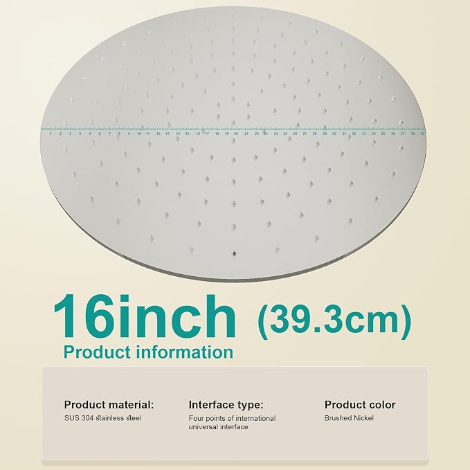 All Metal Rain Shower Head - Heavy Duty Stainless Steel, Easy Install, High Water Flow, Ultra-Thin Modern Design for Bathroom (Brushed Nickel, 16)