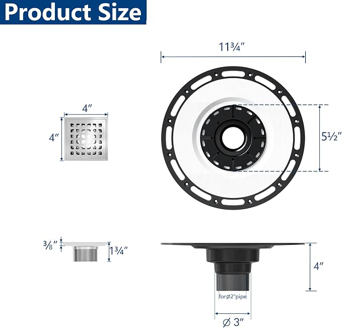 Neodrain 4 in Brushed Square Shower Drain w/Removable Grate &Drain Key | 304 Stainless Steel Shower Drain, ABS Bonding Flange Base for Low Profile Shower Pan, CUPC Certified