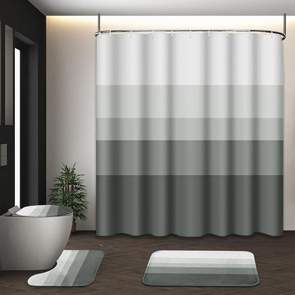 Bathroom Sets with Shower Curtain and Rugs, 4 Pcs Ombre Striped | Minimalist Neutral Modern Bathroom Decor Set with Toilet Lid Cover, Non-Slip Bath Mats and Accessories 12 Hooks