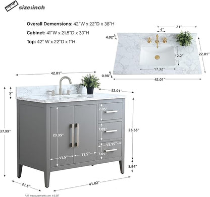 42 Inch Bathroom Vanity with Sink & Ceramic Top, Single Vanity Cabinet with Basin, Soft-Closing Doors & Matte Black Hardware, Grey