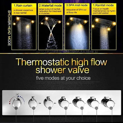 CASCADA 23"x31" LED Shower System with Handheld Shower | Luxurious Design 6 Functions (Rainfall, Waterfall, Curtain, Misty, Body Jets & Handheld) | 7 Knob Valve (Music, Rose Gold)