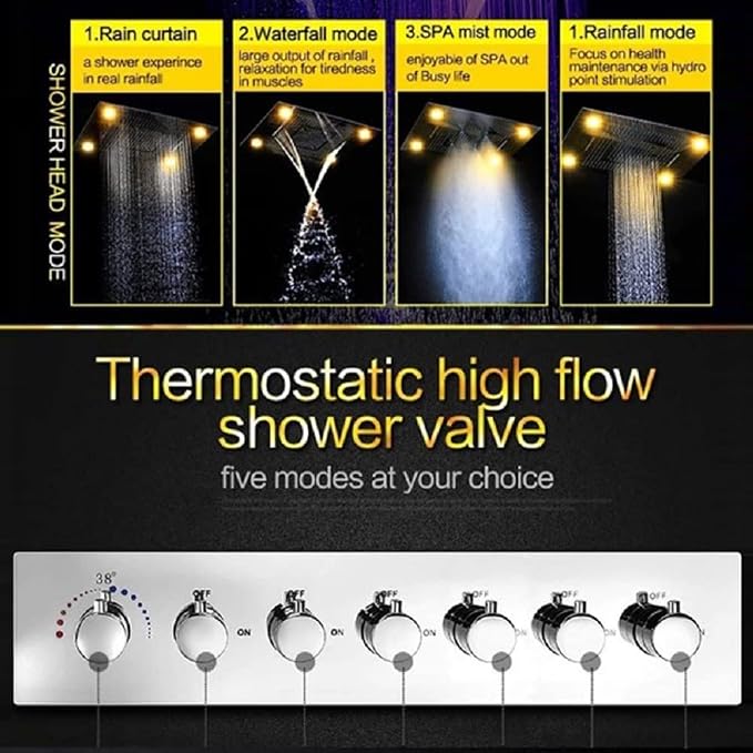 CASCADA 23"x31" LED Shower System with Handheld Shower | Luxurious 6 Functions (Rainfall, Waterfall, Curtain, Misty, Body Jets & Handheld) | 7 Knob Valve (Music, Brushed Gold)