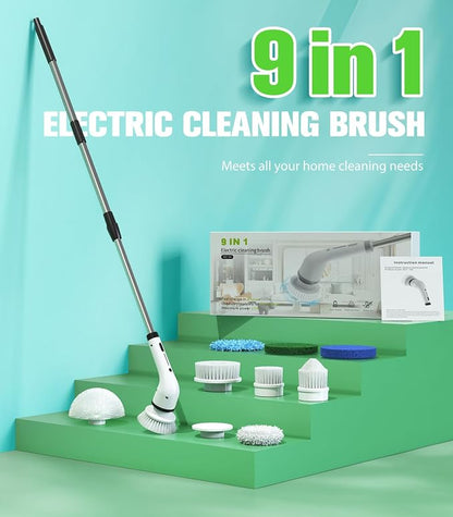 Electric Spin Scrubber, 3-Speed Flat End Brush with 8 Brush Heads & Base, Adjustable Long Handle, Digital Display, 2500mAh Fast Charging, for Bathroom, Tub, Tile, Floor（White