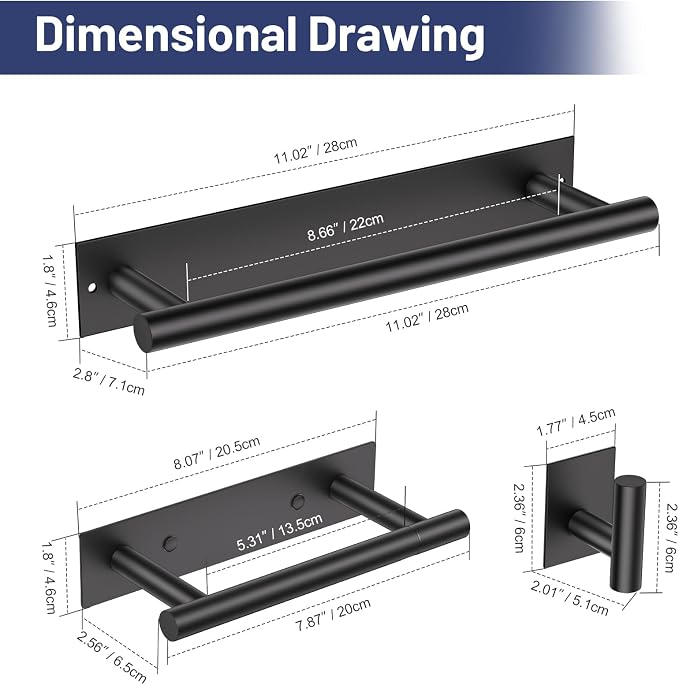 Lairuier Matte Black Bathroom Hardware Set, Adhesive or Screw Wall Mounted | Bathroom Accessories Set, Adhesive or Screw Wall Mount Toilet Paper Holder and Hand Towel Bar Holder, No Drill 2 Towel Hooks