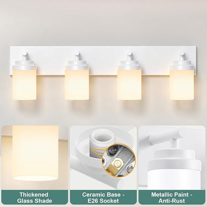 IZORRO Bathroom Vanity Light Fixture, 4-Light 30 Inch White Bathroom Light Fixtures Over Mirror, with White Glass Shade, Modern Farmhouse Vanity Lights, Rustic Restroom Lighting Fixtures