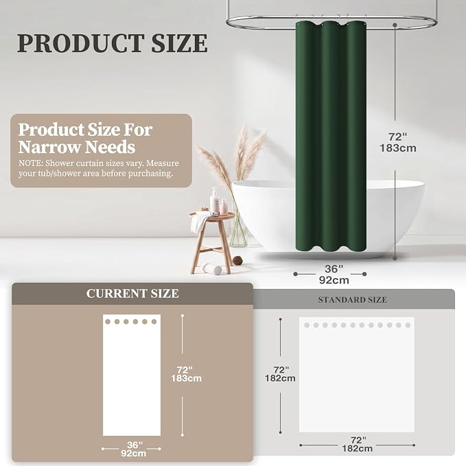 Stall Linen Textured Waterproof Shower Curtain, 36x72, Emerald Green | Half Size, 230GSM Polyester, Heavy Duty Fabric, Weighted Hem, 6 Plastic Hooks, Modern Luxury Hotel Style, Machine Washable