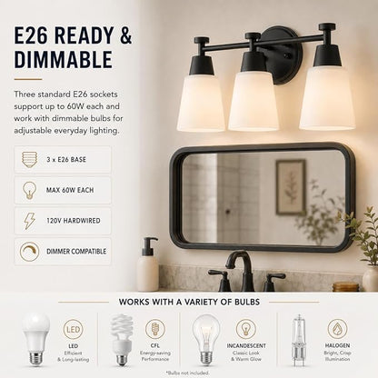 3 Light Bathroom Vanity Light, Modern Matte Black Stainless Steel Over Mirror Vanity Light Fixture with Frosted Glass, Wall Sconces Lighting for Bedroom Living Room