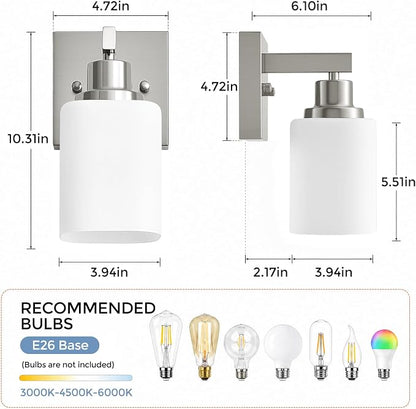 Bathroom Wall Sconces Set of 2,Brushed Nickel Wall Sconce,Vanity Light with Square Frosted Glass Wall Mounted Light Fixture,Farmhouse Wall Lamp for Bedroom Living Room Mirror Hallway